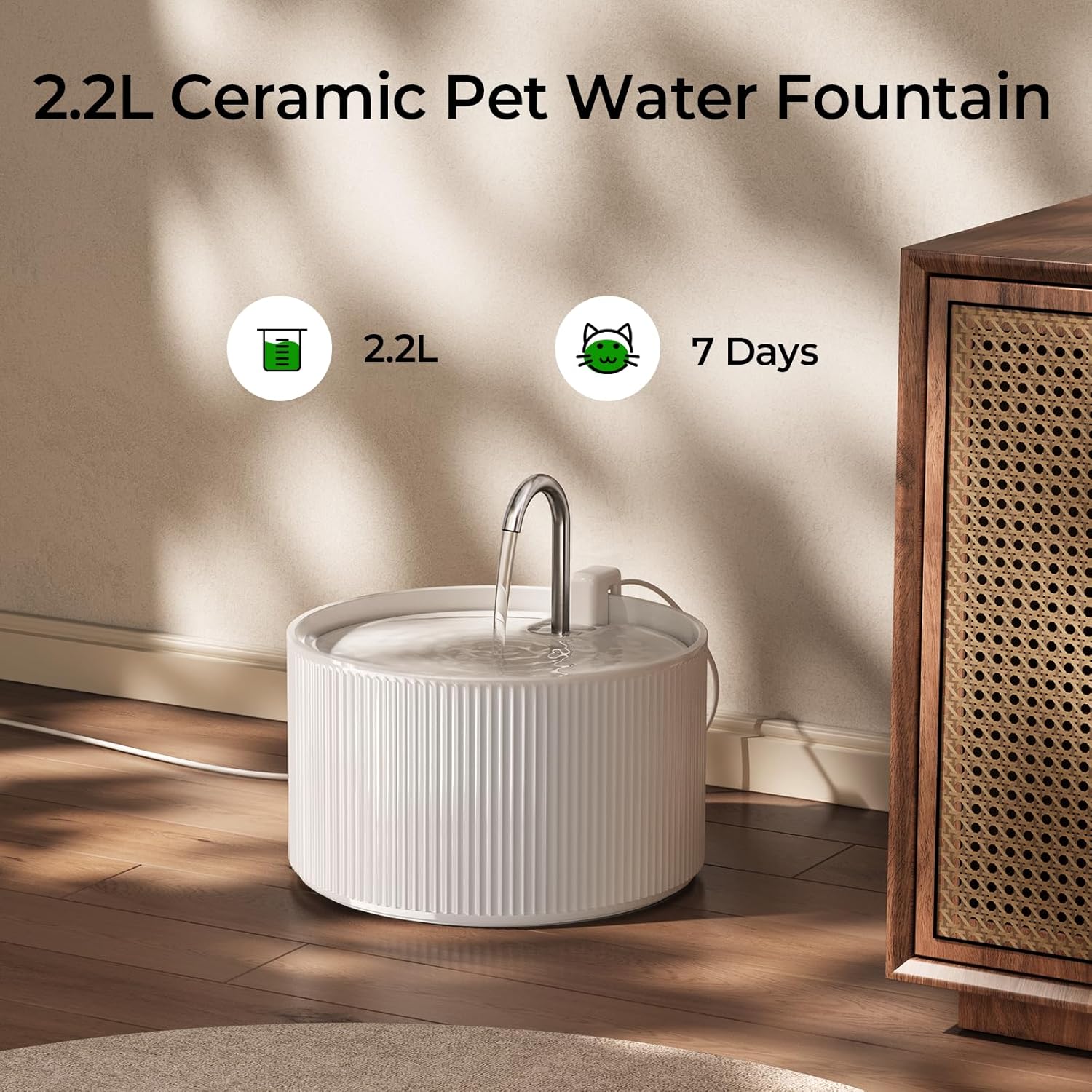 White Voluas Ceramic Cat Water Fountain, 2.2L/74oz Cat Fountains for Drinking Indoor, Automatic Pet Water Dispenser with Ultra-Quiet Pump and Replacement Filter, Kitty Watering Supplies, Easy Clean BPA-Free